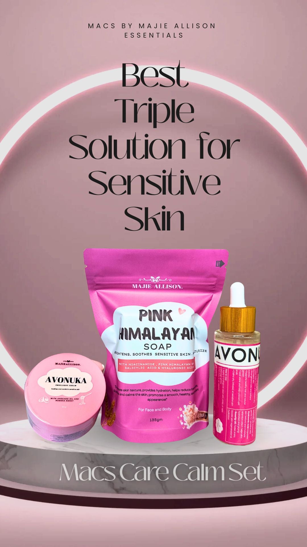 Macs Care Calm Set skincare products arranged neatly”