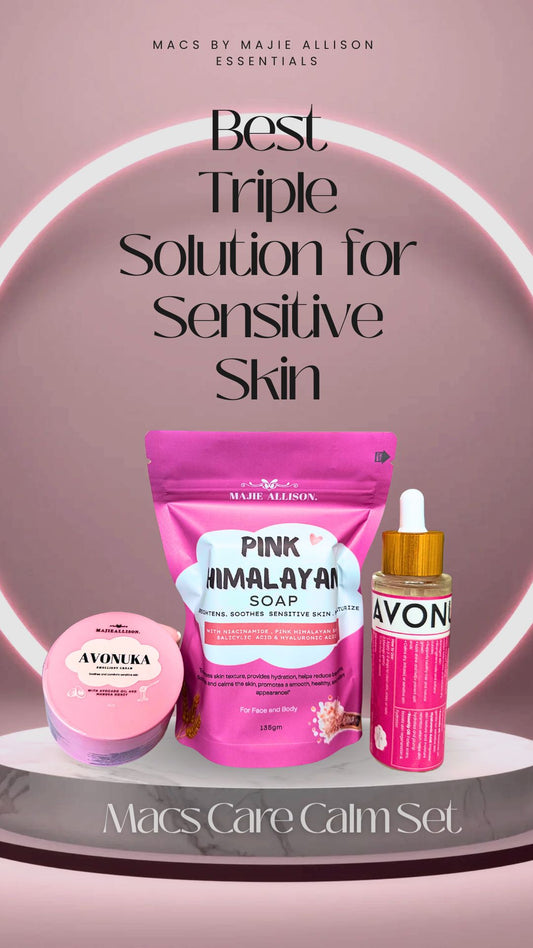 Macs Care Calm Set skincare products arranged neatly”